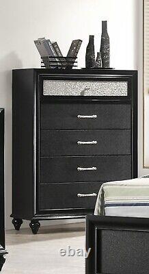 6pc Modern Black Finish Faux Crystal Tufted Full Size Panel Wooden Bedroom Set