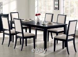 7 Pc Classic Modern Black Finish With Cream Upholstery Dining Table & Chairs Set