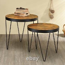 Accent Nesting Side End Table Stand 2 pcs Set Rustic Honey Wood Top Hairpin Base