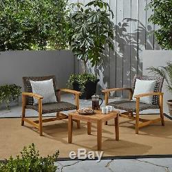 Alyssa Outdoor 3 Piece Wood and Wicker Club Chairs and Side Table Set