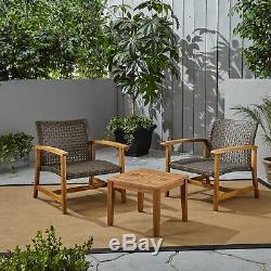 Alyssa Outdoor 3 Piece Wood and Wicker Club Chairs and Side Table Set