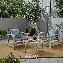 Alyssa Outdoor 3 Piece Wood and Wicker Club Chairs and Side Table Set