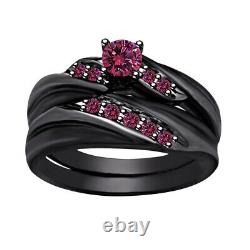 Antique 1.50ct Pink Sapphire 10K Black Gold Finish Wedding Bridal Ring Set $989