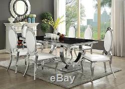 Art Deco Chrome Finish Dining Room Rectangular Black Glass Table Chairs Set IC73