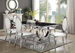Art Deco Chrome Finish Dining Room Rectangular Black Glass Table Chairs Set IC73
