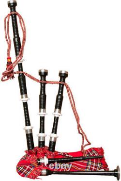 BAGPIPES SET FULL SIZE BLACK FINISH with RED TARTAN COVER, REXINE BAG & EXTRAS