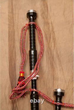 BAGPIPES SET FULL SIZE BLACK FINISH with RED TARTAN COVER, REXINE BAG & EXTRAS
