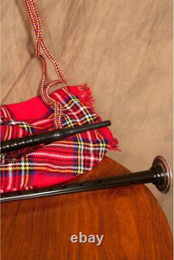 BAGPIPES SET FULL SIZE BLACK FINISH with RED TARTAN COVER, REXINE BAG & EXTRAS