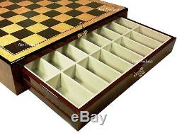 BRASS METAL MODERN STAUNTON Chess Set WALNUT BIRDSEYE MAPLE FINISH STORAGE BOARD