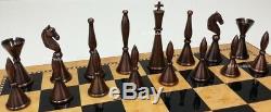 BRASS METAL MODERN STAUNTON Chess Set WALNUT BIRDSEYE MAPLE FINISH STORAGE BOARD