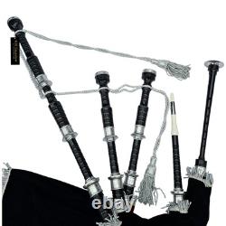 Bagpipes in Black Finish with Engraved Mounts Complete Set with Accessories an