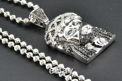 Black Diamond Mini Jesus Face Pendant Piece. 925 White Finish Charm & Chain Set