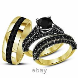 Black Diamond Wedding Trio Ring His & Her Band Ring Set 14K Yellow Gold Finish