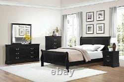Black Finish 4pc Bedroom Set Louis Philip Queen Bed Nightstand Dresser Mirror