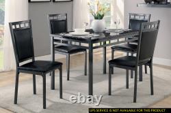 Black Finish 5pc Dinette Set Faux Marble Top Table and 4x Side Chairs Leather