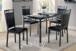 Black Finish 5pc Dinette Set Faux Marble Top Table and 4x Side Chairs Leather