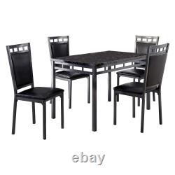 Black Finish 5pc Dinette Set Faux Marble Top Table and 4x Side Chairs Leather