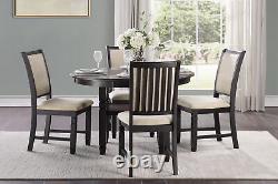 Black Finish 5pc Dining Set Table Base w Built-in Shelf and Fabric Upholstered