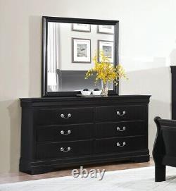 Black Finish 6pc Bedroom Set Classic Queen Bed Nightstands Dresser Mirror Chest