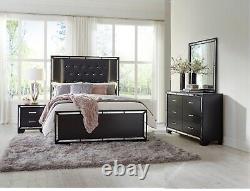 Black Finish Bedroom Set 5pc King LED Bed Nightstand Dresser Mirror Modern Home