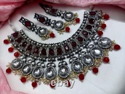 Black Finish Bollywood Style CZ Kundan Choker Necklace Earrings Ruby Jewelry Set