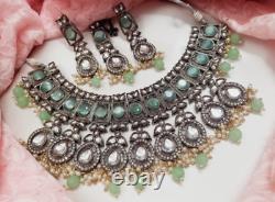 Black Finish Bollywood Style Kundan CZ Choker Necklace Earrings Jewelry Set