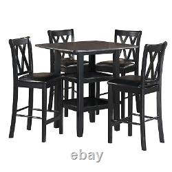 Black Finish Counter Height Dining Table w Shelves 4x Upholstered Chairs 5pc Set