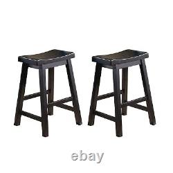 Black Finish Solid Wood Stools 2pc Set Casual Dining 24-inch Height Saddle Seat