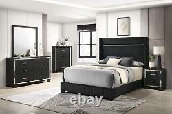 Black Finish Solid Wood Upholstered King Size Panel Bed Wooden 4pc Bedroom Set