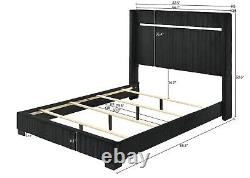 Black Finish Solid Wood Upholstered King Size Panel Bed Wooden 4pc Bedroom Set