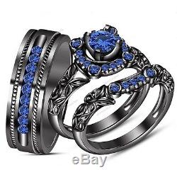 Black Gold Finish 3.0 Ct Blue Sapphire Wedding His & Her Trio Bridal Ring Set
