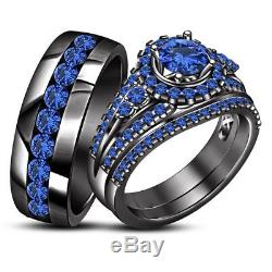 Black Gold Finish Blue Sapphire Trio Bridal Wedding His And Hers Ring Band Set