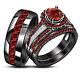 Black Gold Finish Red Garnet Engagement Wedding His And Her Trio Band Ring Sets