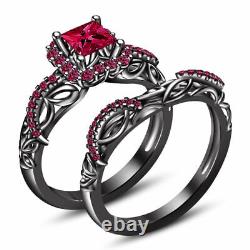 Black Gold Finish in 925 Silver Princess Cut Pink Sapphire Engagement Ring Set
