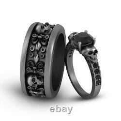 Black Onyx Skull Engagement Ring Skull Flower Wedding Band Set Gun Metal Finish