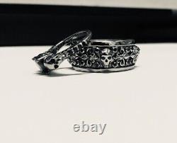 Black Onyx Skull Engagement Ring Skull Flower Wedding Band Set Gun Metal Finish