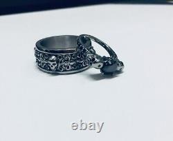 Black Onyx Skull Engagement Ring Skull Flower Wedding Band Set Gun Metal Finish