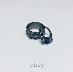 Black Onyx Skull Engagement Ring Skull Flower Wedding Band Set Gun Metal Finish