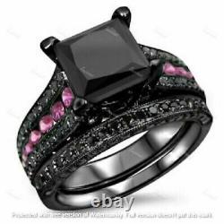 Black Princess Cut Diamond Bridal Band Set Engagement Ring 14K Black Gold Finish