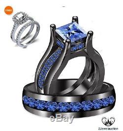 Blue Sapphire 14K Black Gold Finish His Her Bridal Wedding Band Trio Ring Set