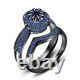 Blue Sapphire Engagement Wedding Band Bridal Ring Set 14K Black Gold Finish
