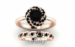Bridal Set Band Engagement Ring 2ct Round Cut Black Diamond 14k Rose Gold Finish
