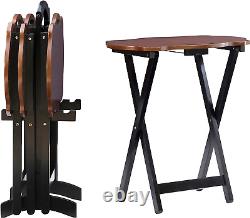 Brown Black Finish 5 pc Wooden TV Tray Set with Stand Folding Tables Snack Storage