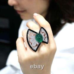 Cabochon Emerald & Pave Set Cluster Black Finish Lab Created Ring In 935 Silver