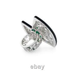 Cabochon Emerald & Pave Set Cluster Black Finish Lab Created Ring In 935 Silver