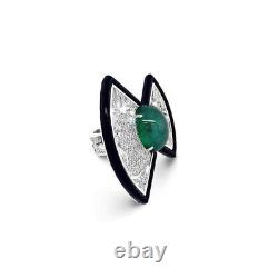 Cabochon Emerald & Pave Set Cluster Black Finish Lab Created Ring In 935 Silver