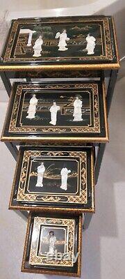 Chinoiserie Hand-Finished Black Lacquer Wood Nesting Tables Set of 4