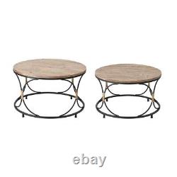 Coastal Set of 2 Natural Wood Top Coffee Table in Black Finish with Iron and