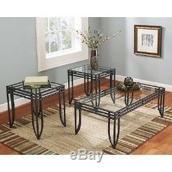 Coffee Table Set End Tables Glass Top Living Room Metal Modern Contemporary