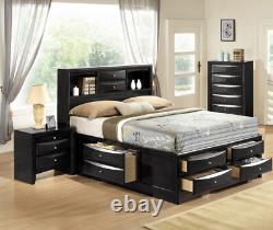 Contemporary Style 3Pc King Bed Nightstand Chest Set Black Finish Solidwood